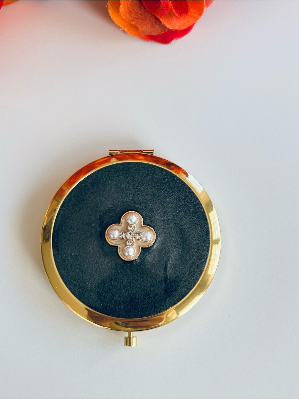 Cosmetic Mirror Gold-Tone Compact Mirror with Pearl Cross Accent
